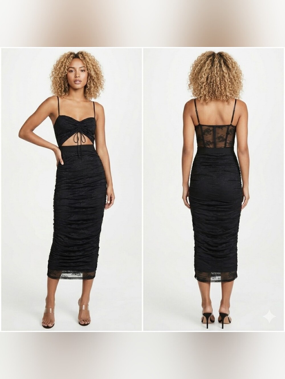 Black Lace Ruched Midi Dress with Cutout